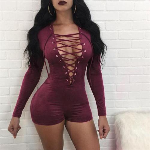 Red Long Sleeve Bandage V-Neck Sexy Rompers