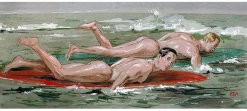 Two men enjoy the cool of the sea in this watercolor painting of handsome surfers. Available as a pr