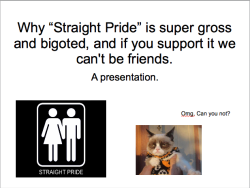 fandomsandfeminism:  peter-the-pea:  caustic-audacity:  anotherveganpunk:  fandomsandfeminism:  Why Straight Pride is super gross and bigoted, and if you support if we can’t be friends A presentation by me. Since apparently some people don’t fucking