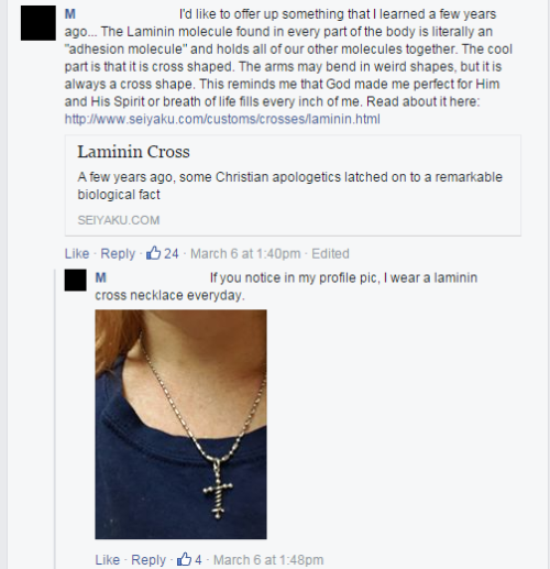 How embarrassing is wearing a laminin cross necklace? I’d say less than wearing a purity ring or Wit