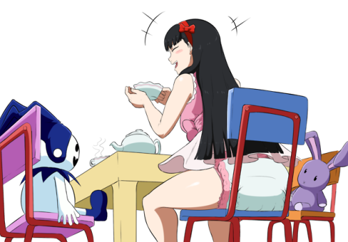 red-moda:  Commission of Yukiko Amagi, having a little tea party with her stuffed friends.