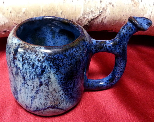 coffee mug penis shaped handle tip 16oz, Ceramic hand made, speckled light and dark blue speckled gl