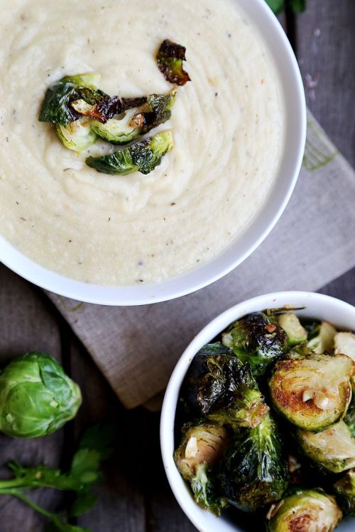 delicious-designs: Potato and Leek Soup with Roasted Garlic Brussels Sprouts