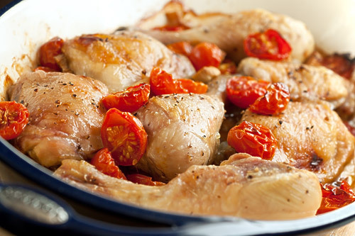Baked Chicken with Garlic and Cherry Tomatoes  Serves 4 - 6 Ingredients: 1 1/2 pounds combo of 