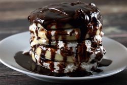 lustingfood:  SUPER EASY BOSTON CREAM PANCAKES  Ummmm&hellip;.no words needed here. Which is good because I&rsquo;d be too busy shoveling this in my pie hole to talk. THIS will happen my friends. UNF&hellip;