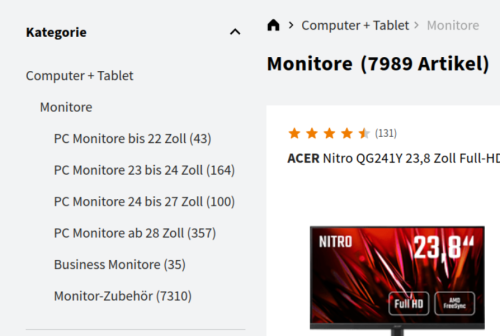 Screenshot from the Mediamarkt/Saturn website showing the word 'monitor' nine times