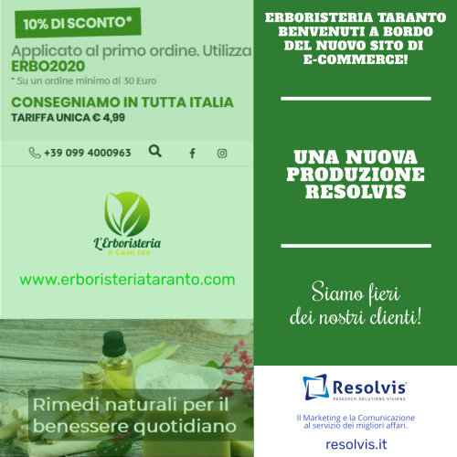 L’Erboristeria Taranto ha una nuova risorsa e-commerce! Siamo&#8230;, Resolvis | Marketing | Comunicazione | Matera | Business | Produzione Web | Produzione siti internet | Startup | Innovazione | Ricerca | E-commerce
