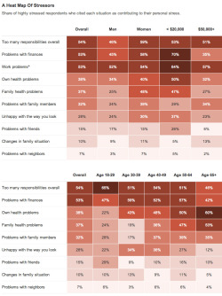 explore-blog:  What do Americans stress about? A visualization of the results from a 2014 study by NPR, the Robert Wood Johnson Foundation and the Harvard School of Public Health. To tackle the top three stressors, see how to live with presence in the