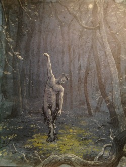 ‘Sunken Forrest Moonlight Pan’ featuring Eryc Taylor 11”x14” Blue grey ink wash with black ink, white, yellow sepia pastel highlights.