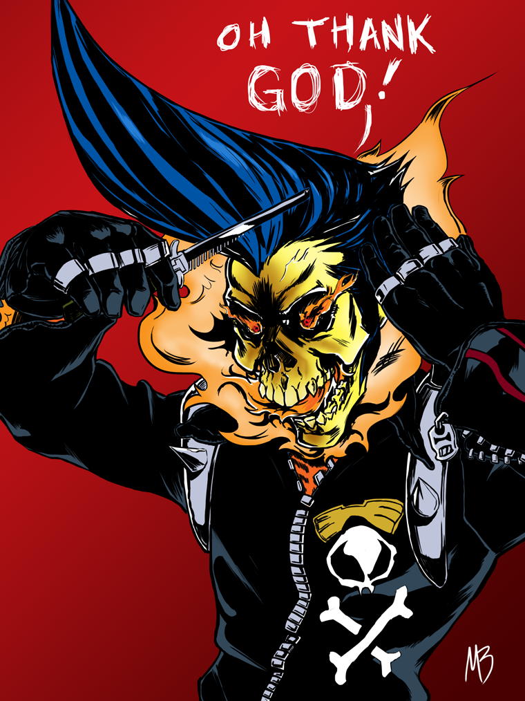 JP as a Ghost Rider expressing relief that his hairdo survived his transformation.