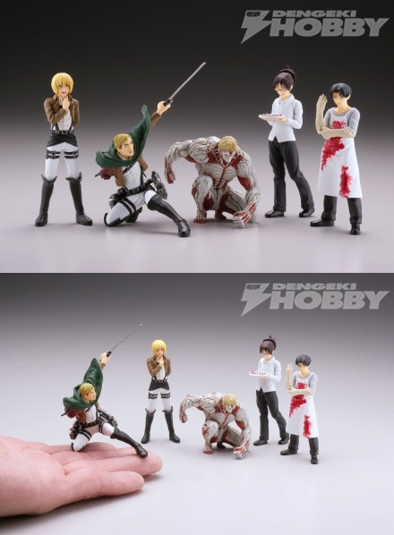 Capsule One has released more images of their next set of SnK figures (Armin, Hanji, Levi, Erwin, & Armored Titan), to be released in July and priced at 400 yen each!The set was originally announced here and follows the first series here.