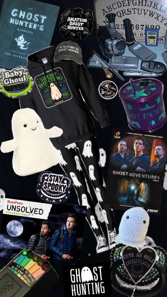 smol moodboard - ghost hunter. Ghost Hunter themed handbook, sweater, pants, hat, and gear (EMF pod, EMF detector, voice box, old school camcorder, and ouija boar). Pictures of the ghost hunting shows "BuzzFeed Unsolved Supernatural" and "Ghost Adventures". Ghost pacifier and pacifier that says "cute as hell" with planchette. Ghost stuffie.
