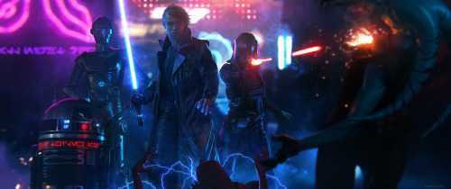 mister-b-man:bacta-baby:cinemagorgeous:A gorgeously moody cyberpunk take on Star Wars by artist Jero