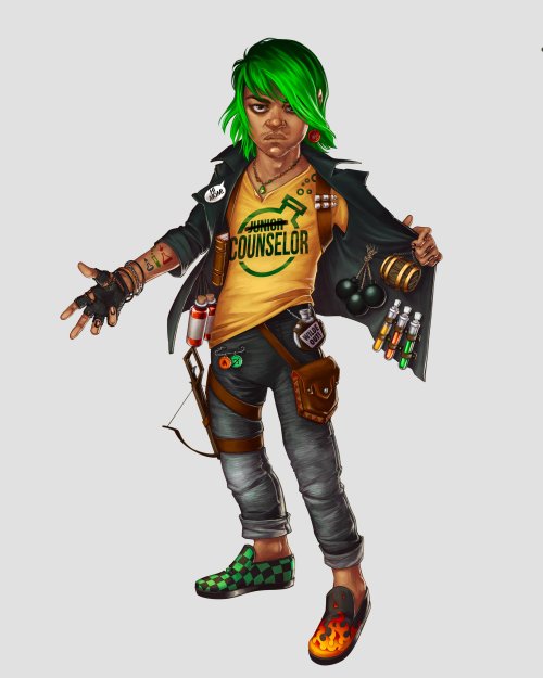 Luc Brenatto in a yellow Wildemount Wildlings shirt labeled "Junior Counselor" with Junior crossed out. He holds open his jacket to show various potions and bombs. He wears mismatched shoes: one in green check and another with flames.