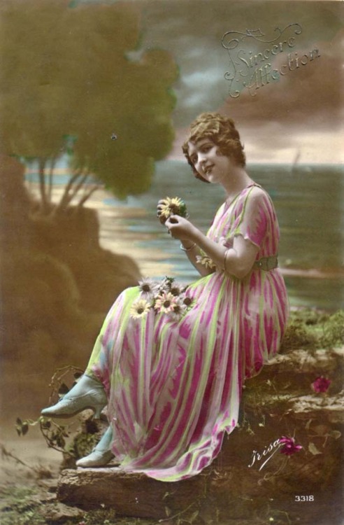 sydneyflapper: Hand tinted French teens postcard, girl with daisies