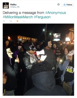 socialjusticekoolaid:    HAPPENING NOW (11.5.14): Protesters in Ferguson join the global #MillionMasksMarch, peacefully occupying their own streets and neighborhoods. Police respond by sending out dozens of riot police to block streets in residential