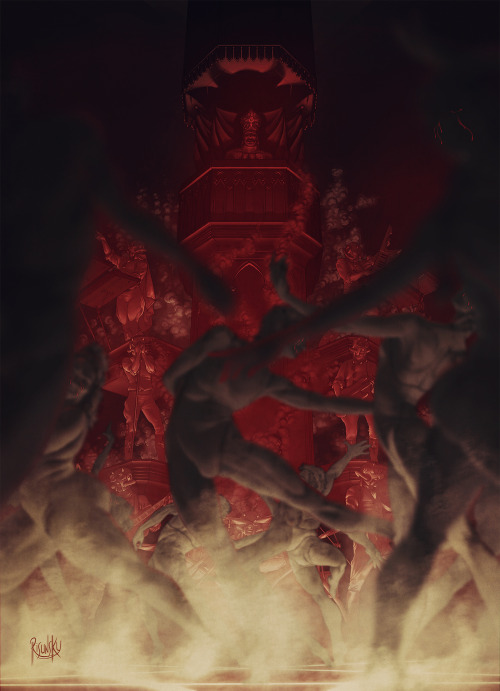 It is a vertical illustration, in mostly sepia and red tones.
A depth effect is simulated by different layers that become increasingly blurred as they get further forward.
The viewer's view seems to be almost at ground level, buried in whitish smoke.
In the foreground are dancers frozen in various postures, muscles tense. It is not very noticeable because of the blur but there is a marble texture suggesting that they may be statues. Those whose faces are visible have tears of blood running down their cheeks.
Their bodies are illuminated by the ground, a pentagram of white light.
In the background, immersed in a red light and half camouflaged in dense rising smoke, a wooden tower, the pulpit, where Papa Emeritus 4 is perched in his richly ornamented finery of embroidery and jewellery.
On each side of the tower, platforms in the same style as the tower, where the Ghouls are mounted, one per platform.
From top to bottom, left: a keyboardist, multi ghoul, one of the two guitarists.
From top to bottom, right: the other keyboardist, the bassist, the other guitarist.
In the middle at the foot of the tower the drummer.
I have reproduced the details of Papa's shadow as it was in the video, giving the impression of a horned goat's head.