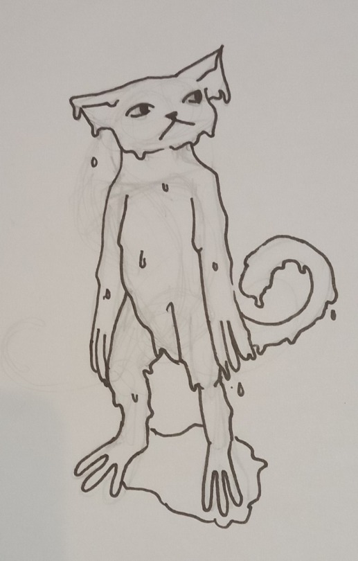 a line drawing of a creature. It stands upright, and is dripping with slime. It has a slightly catlike face with pointed ears which are drooping to either side of its head. It has three toes on each of its four limbs, and a tail which is held off the ground with a curl in the end.