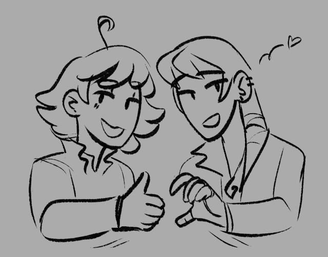 uncolored doodle of sebastian and klavier side by side and smiling at the camera. Klavier forms half of a heart with one hand while Sebastian gives him a thumbs-up instead of completing the heart.