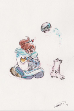 alicebissonnet:  Mei with Munchkin cats Part of my “Overwatch heroes w/ cats” series She will be sold on my shop.  All profits will go to a charity association called Handi’Cats  to help them give shelter, help and homes to handicaped cats. 