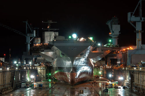 aircraftcarriers:  You haven’t experienced “BIG” until you are in a dry dock with a finished aircraft carrier. One year ago, Newport News Shipbuilding was getting ready to flood the dry dock where Gerald R. Ford (CVN 78) was constructed. Here are