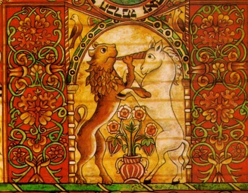 glintglimmergleam: lion and unicorn detail, from the 16th century ceiling painting of the Hodorov sy