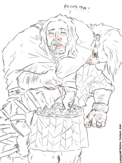 ladynorthstar:  Dwalin got left behind during a hunt and no one could find him. panicking, Thorin ignored everyone’s advice and came looking for him.  yet when he soon found Dwalin, wounded and grumpy and stuck on a tree, hilarity took over, and not