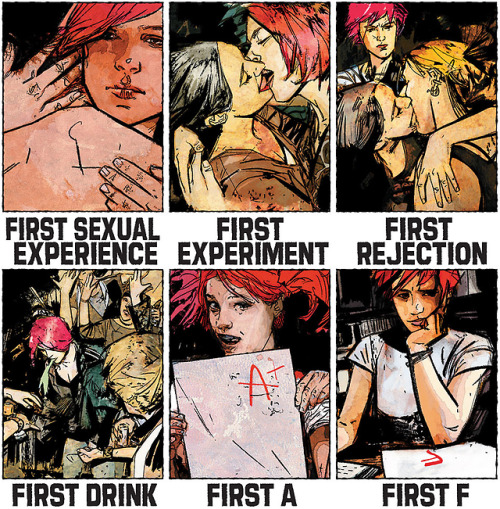 brianmichaelbendis:  Scarlet’s “Firsts” by Alex Maleev (Scarlet #1, 2010) http://www.comixology.com/Scarlet/comics-series/4532 