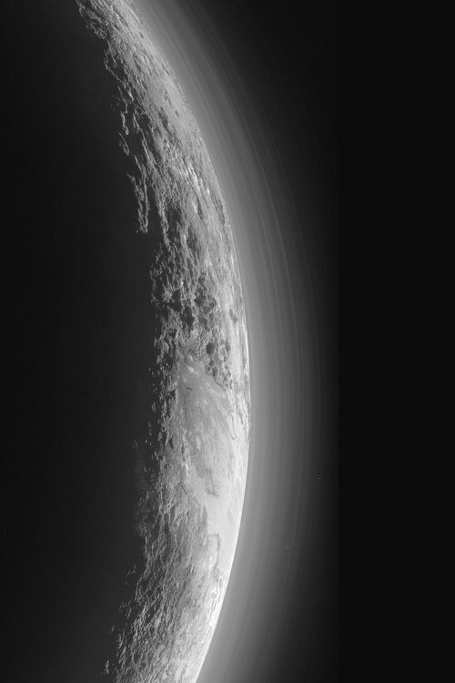 ohstarstuff: New Pluto Backlit Panorama In perhaps the most stunning image yet of Pluto, NASA’s New Horizons spacecraft looked back toward the sun 15 minutes after its closest approach to capture this mind-boggling view of rugged, icy mountains and