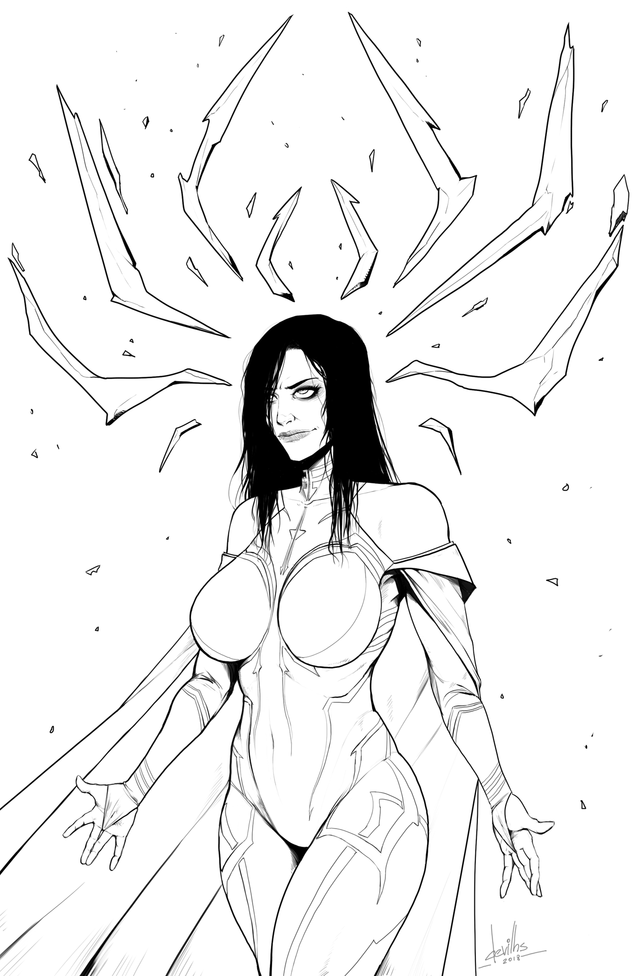 devilhs:  Lineart of Hela from “Thor: Ragnarok”. My favorite Marvel movie.  