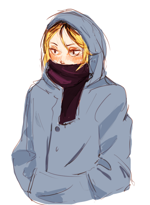 maidessiner:smoll cold bean[id: two versions of the same illustration of kenma. he’s huddled u