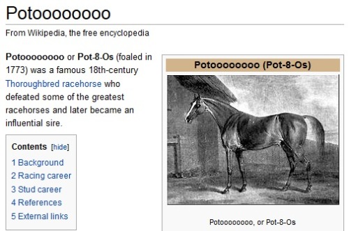 cannotundo:  jacobtheloofah:  no but the best part is how he got the name: his name was originally “potatoes,” and his owner, willoughby bertie, told the stable lad who helped him to write the horse’s name on a feed bin. the boy misheard it as,