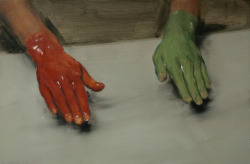 Afwijking:  Michaël Borremans Red Hand, Green Hand (2010) Oil On Canvas, 40 X 60