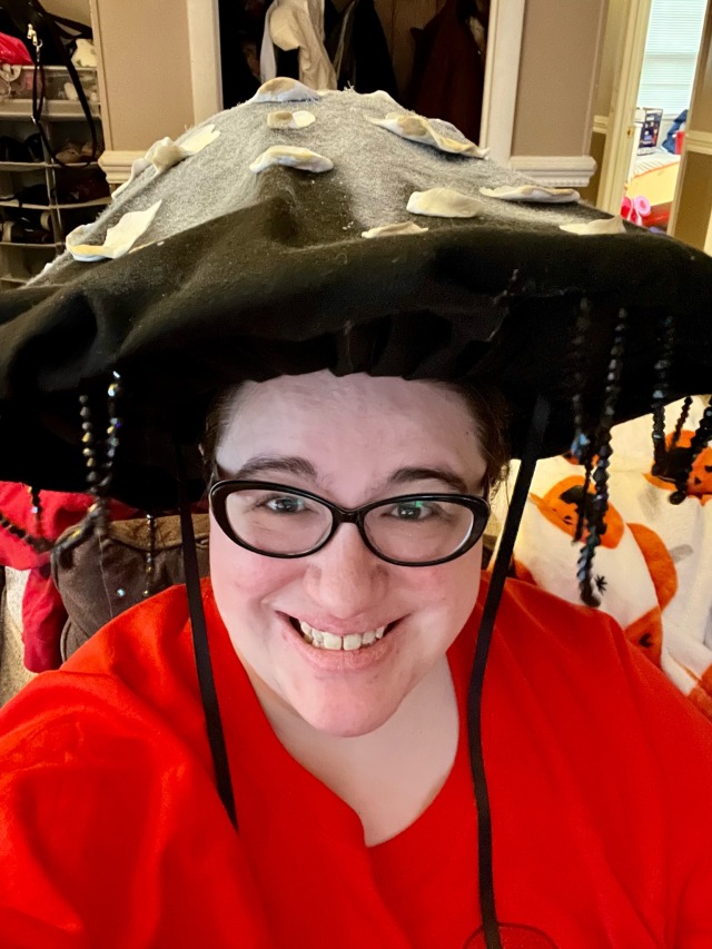 Positively VIBRATING with joy because my husband MADE me an inky cap mushroom hat for cosplay purposes! He HEAVILY surprised 