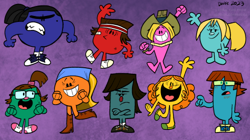 Eva, Tyler, Geoff, Bridgette, Beth, Lindsay, Noah, Izzy, and Harold as Mr. Men/Little Miss characters. Eva's angry, Tyler's unsuccessfully performing a stunt, Geoff is celebrating, Bridgette's chilling, Beth & Lindsay are bonding, Noah's frowning, Izzy's waving to the mirror, & Harold's pointing something out. Don't know what, though.