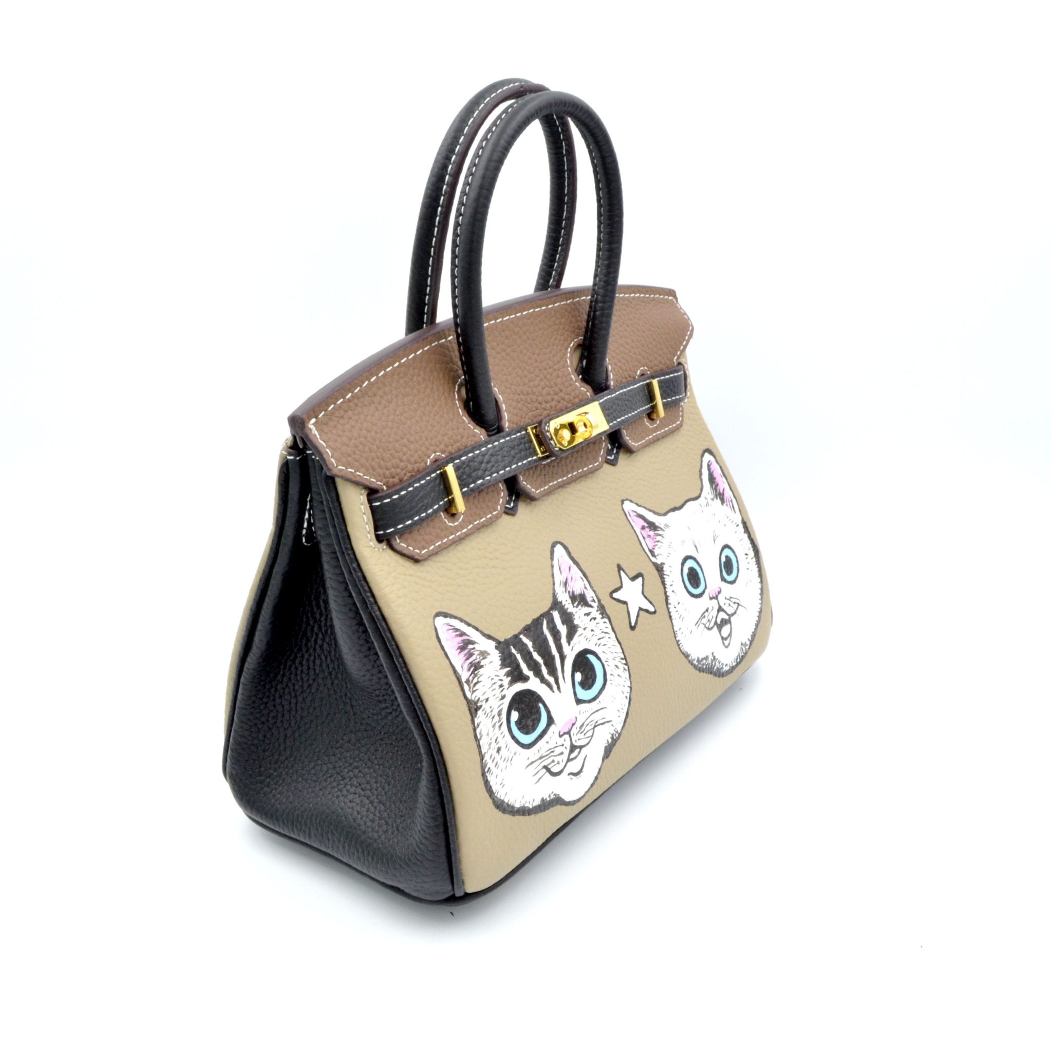 TIMBEE LO X GOOKASO designer hand-painted cat pattern top layer cowhide  Brkin handbag bag - Shop timbeelo Handbags & Totes - Pinkoi