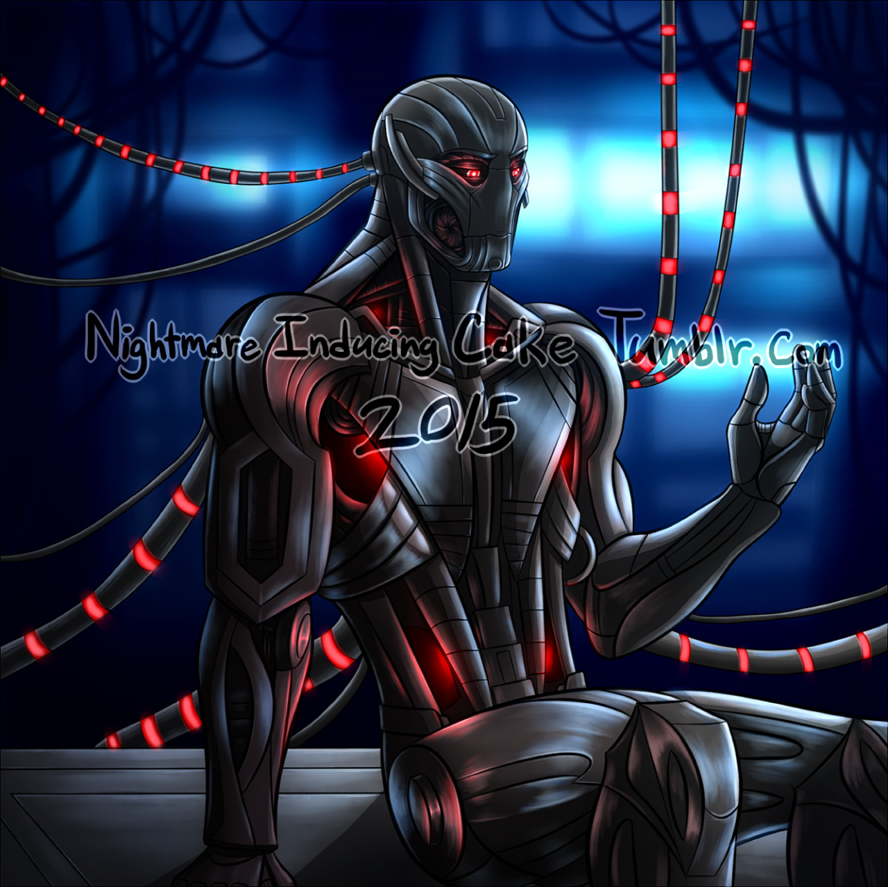 nightmare-inducing-cake:  After half a month of work my Ultron art is finally complete.