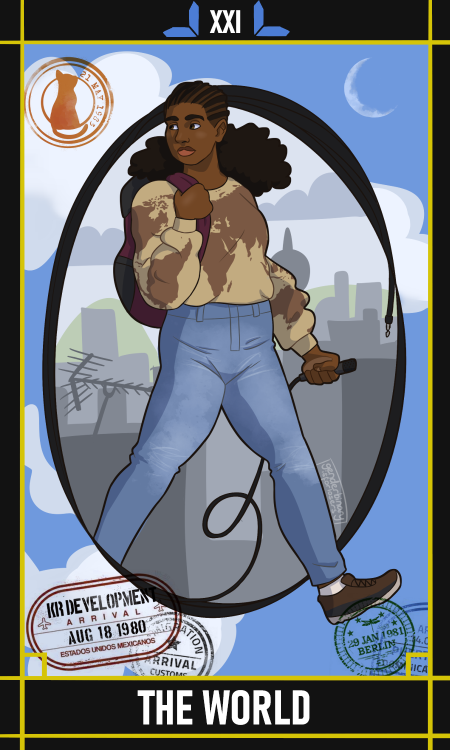 XXI - The World (Nell) by @genderbinaryisforlosers[id: a tarot card depicting Nell as ‘XXI - The Wor