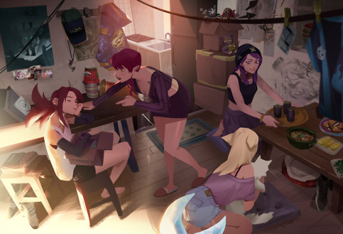 akali’s apartment. KDA girls helping(?) her move out. kinda. they trying.