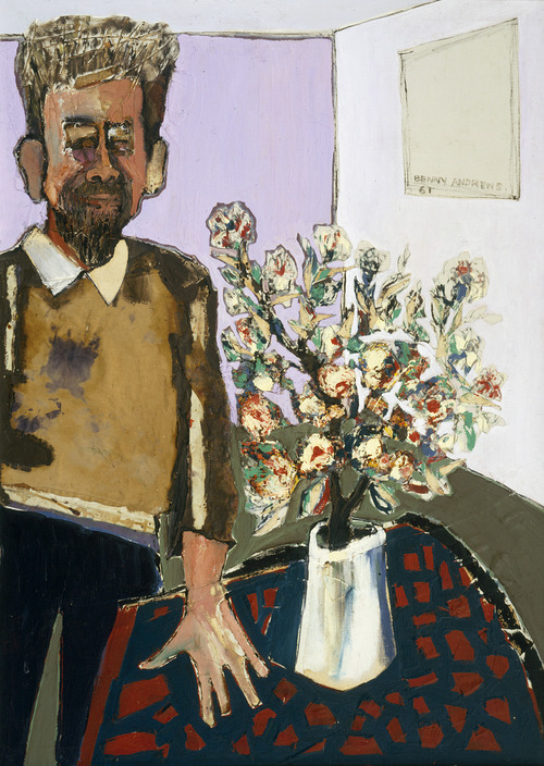 31  , Self Portrait   -   Benny Andrews, 1961.American,1930-2006Oil and collage on canvas,50.5 x 36 