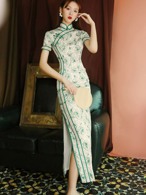 Green Printed Floral Long Qipao Cheongsam Dress