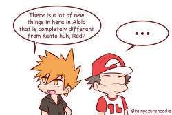 rainyazurehoodie:  I created this a while ago but I completely forgot about it…well might as well. If Red had to process all the new feature since after his last appearance in black white 2. He couldn’t handle all the new changes 
