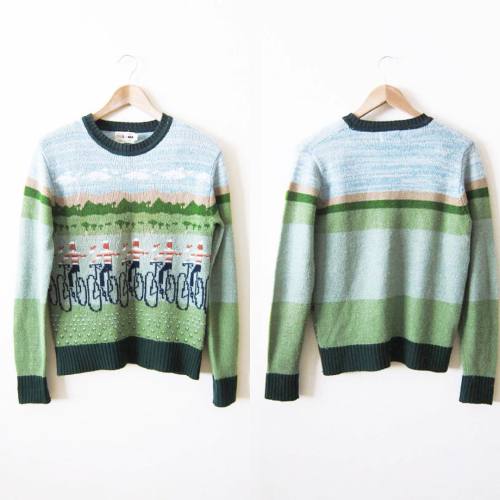 New! #vintage #70s novelty print knit sweater • a row of striped shirt wearing bicyclists at fr