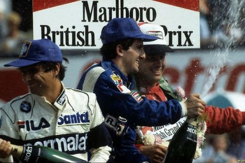 Rough rostrum… Alain Prost (Equipe Renault Elf), Nelson Piquet (Fila Sport) and Patrick Tamba