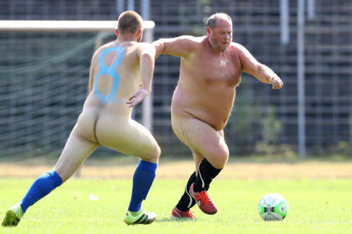 homme–fatale:Nude german and dutsch soccer players during a protest match against FIFANaked football