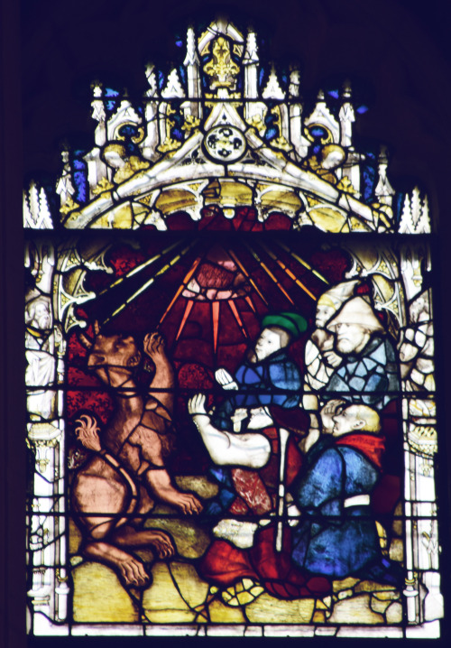 Depictions of Lucifer and the Great Beast from the East Window Stained Glass- York Minster, UK 