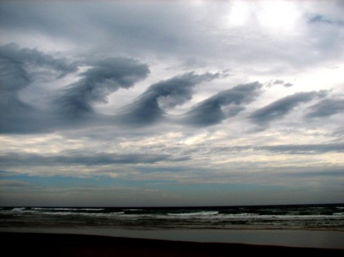 cloud-wiki: Rare Kelvin-Helmholtz clouds. Caused by wind shears at high altitudes.