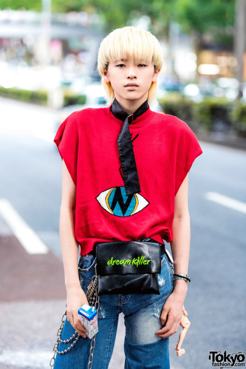 20-year-old Japanese student Kanade on the street in Harajuku wearing a Kobinai top with a belt chok