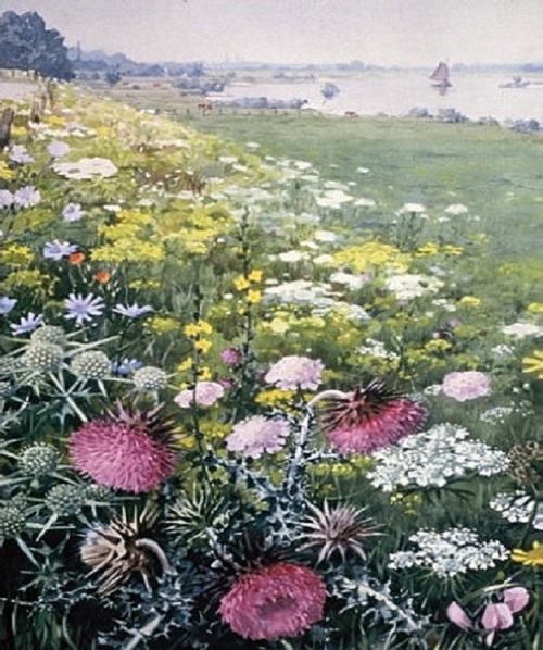 Flowering River Landscape -  Jan Voerman jr. Dutch 1890-1976Watercolour and Tempera