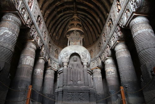 Cave 19 at the Ajanta Caves, Maharashtra, India. Ajanta contains 30 excavated rock-cut caves which b